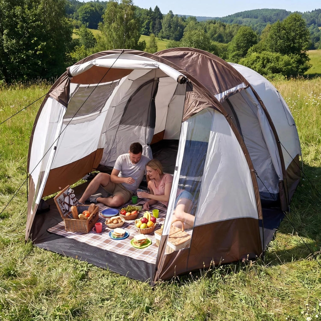 Tenda da Campeggio per 4-6 Persone, Tenda a Tunnel Familiare Impermeabile con 2 Stanze, Finestre Ventilata, Picchetti e Borsa da Trasporto, per Campeggio e Viaggi, 450 x 330 x 202 cm