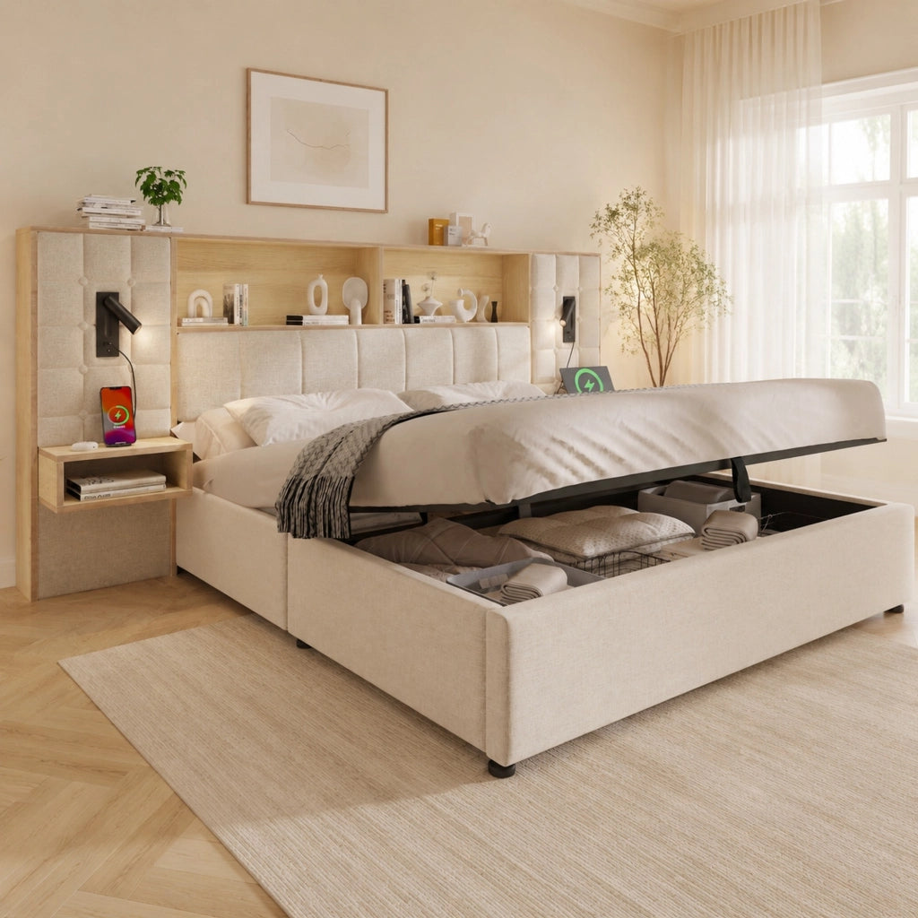 Letto matrimoniale 160x200 cm con contenitore, LED, USB e comodini integrati, in lino beige