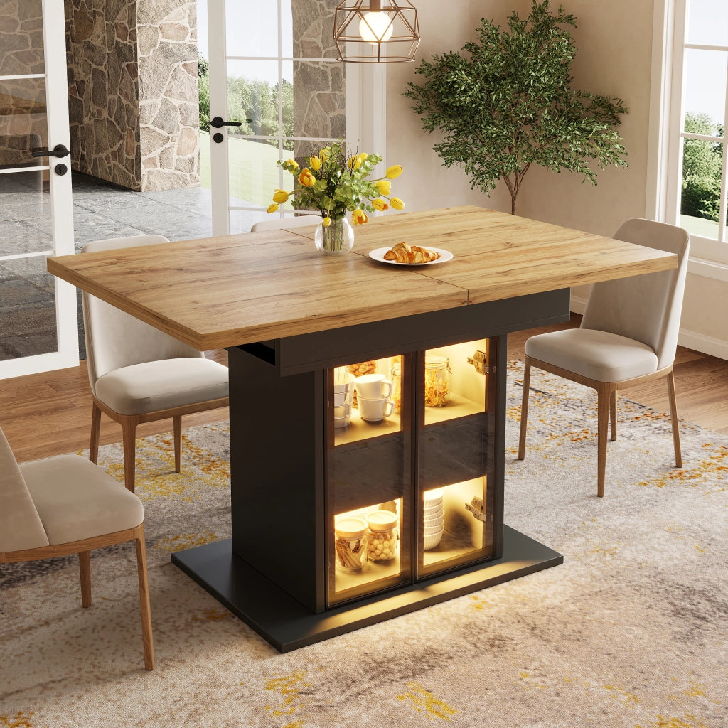 Tavolo da pranzo allungabile con 2 cassetti ripiani regolabili ante in vetro e LED RGB per cucina e sala da pranzo nero