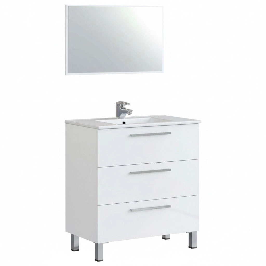 Mobile Bagno A Terra Con 3 Cassetti Lavabo In Ceramica E Specchio 77 X 50 Cm Inclusi Design Moderno Salvaspazio Elegante E Funzionale 80 X 45 X 86 Cm Colore Bianco