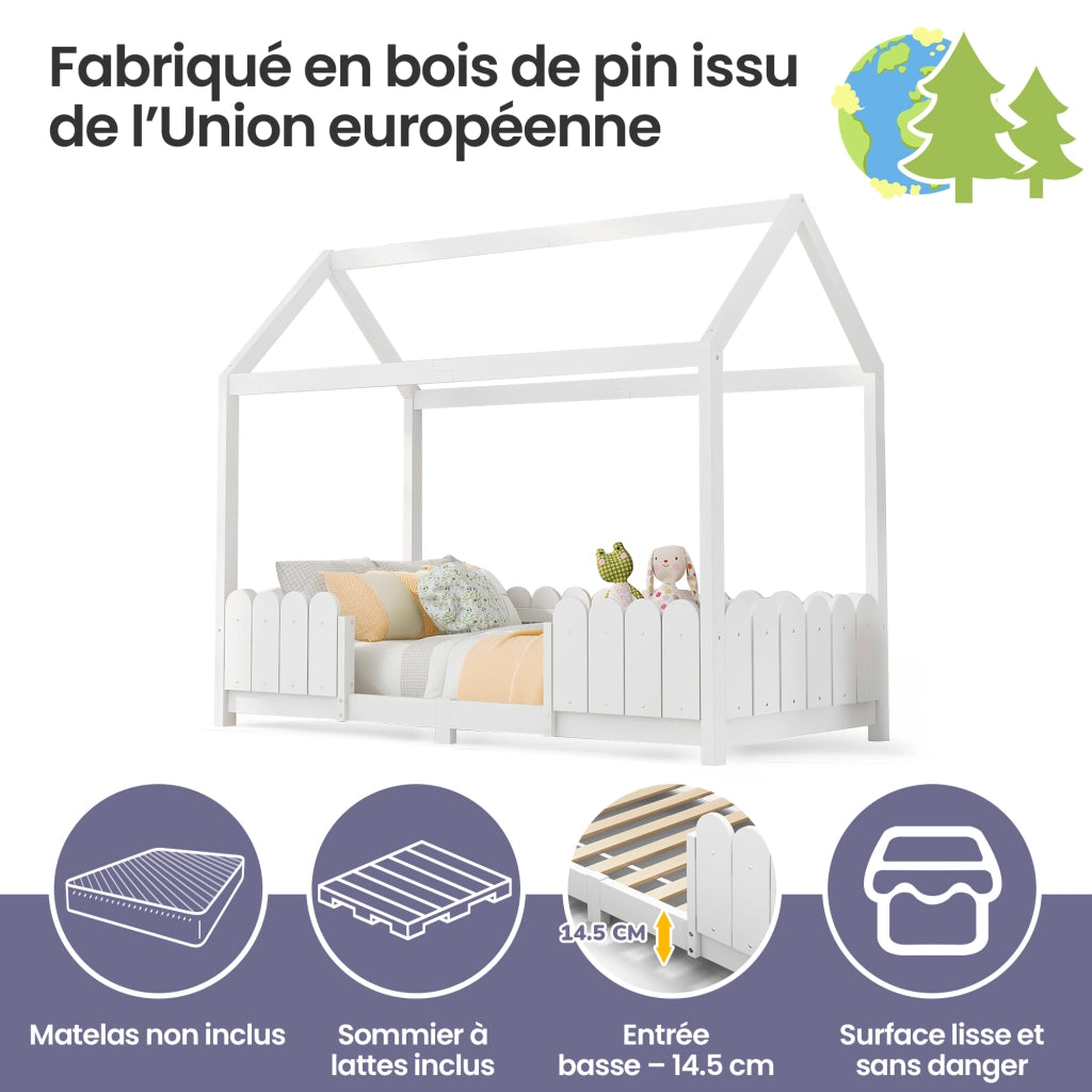 Letto Casetta 90x200 cm con Sponda e Rete a Doghe - in Legno Massello e Bianco
