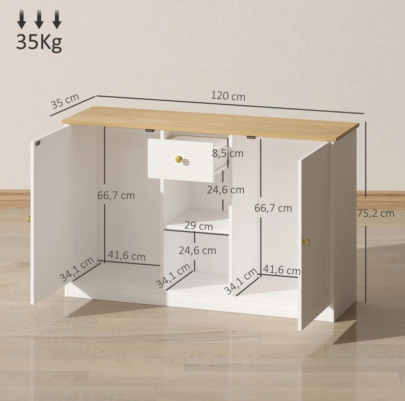 Credenza bianca 120 cm con cassetto, ante e vani aperti