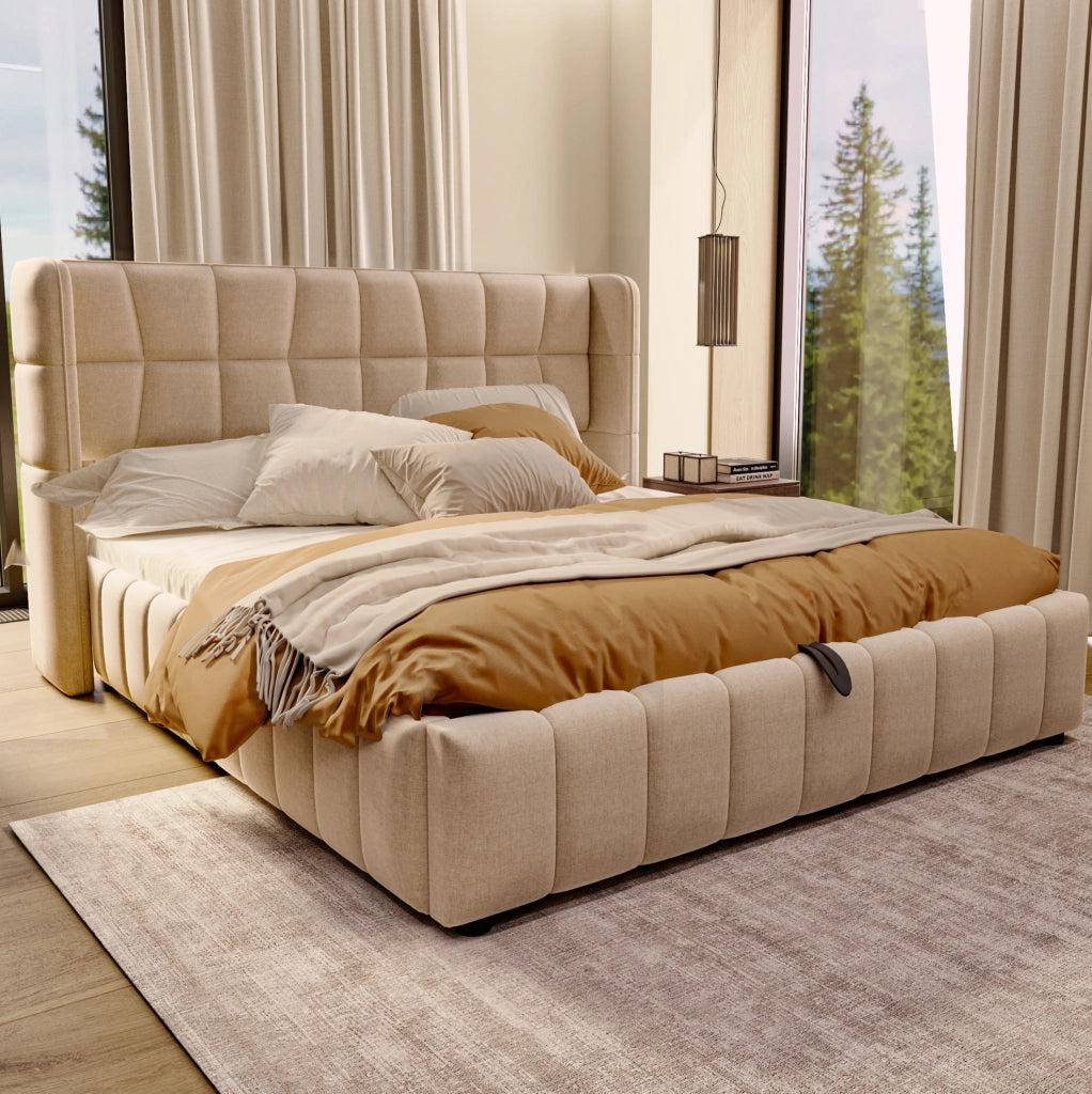 Letto imbottito beige 180x200 cm con contenitore sollevabile e rete a doghe