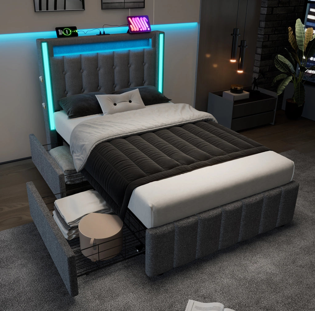 Letto singolo 90x200 cm con LED; porte USB e USB C; 2 cassetti; rivestimento in lino grigio