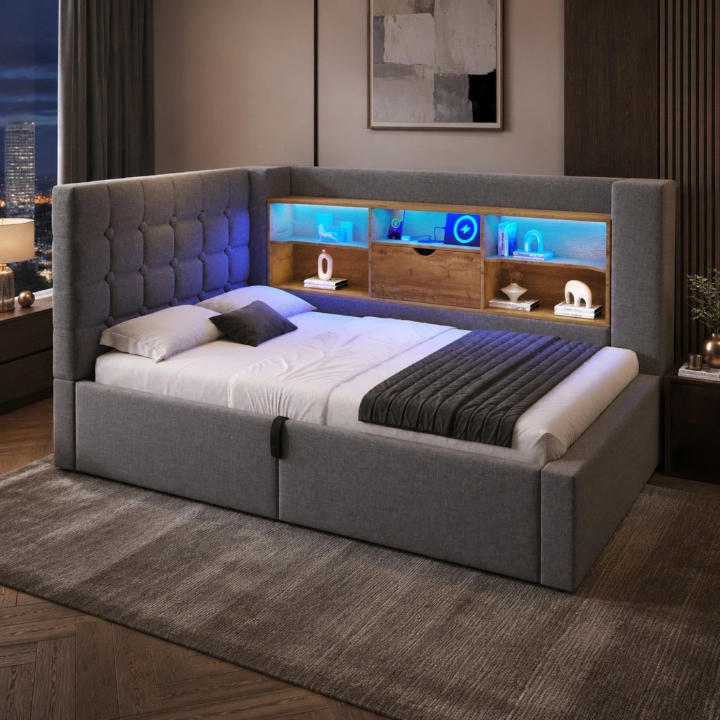 Letto singolo 90x190 cm con LED, contenitore idraulico e testiera L reversibile, grigio