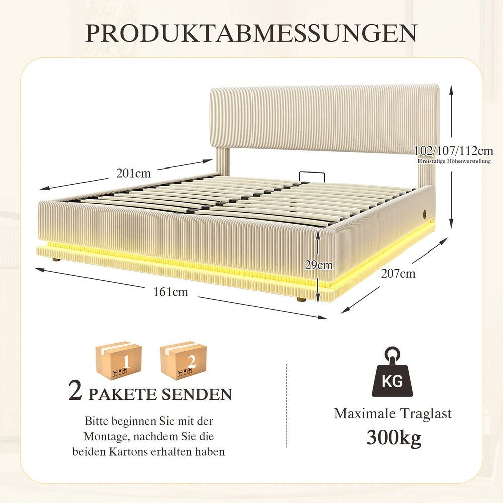 Letto Imbottito Contenitore con LED e Testiera Regolabile ¨C MINIMAL ¨C Velluto a Coste, 160x200, Beige