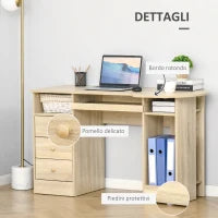 Scrivania da PC per Ufficio con Scaffali, Cassetti e Ripiano Testiera in Legno, 125x60x74cm