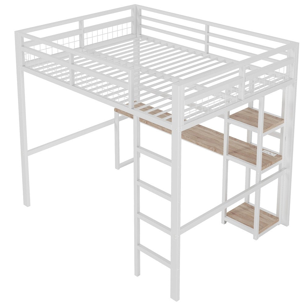 Letto a Soppalco con Scrivania e Presa USB ¨C MINIMAL ¨C Bianco, 140x200 cm, Metallo