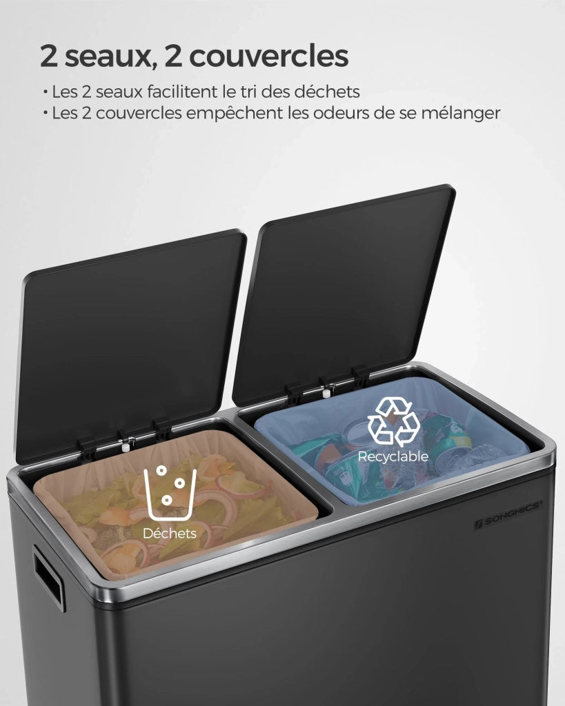 Pattumiera a 2 pedali con doppio scomparto 2 x 30 litri acciaio inox anti-impronta secchio interno in plastica con manico nero 12_0007160