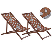 Set di 2 sedie a sdraio da giardino con struttura in legno di acacia scuro motivo papaveri in tessuto amaca sedile reclinabile