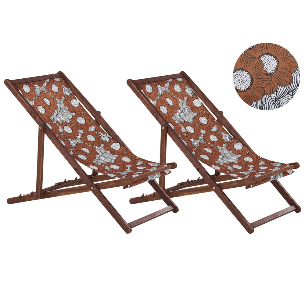Set di 2 sedie a sdraio da giardino con struttura in legno di acacia scuro motivo papaveri in tessuto amaca sedile reclinabile