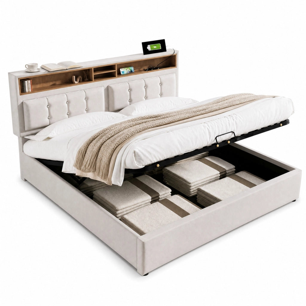 Letto imbottito 140x200 cm beige con testiera regolabile, contenitore, prese USB/Type C e struttura con rete a doghe