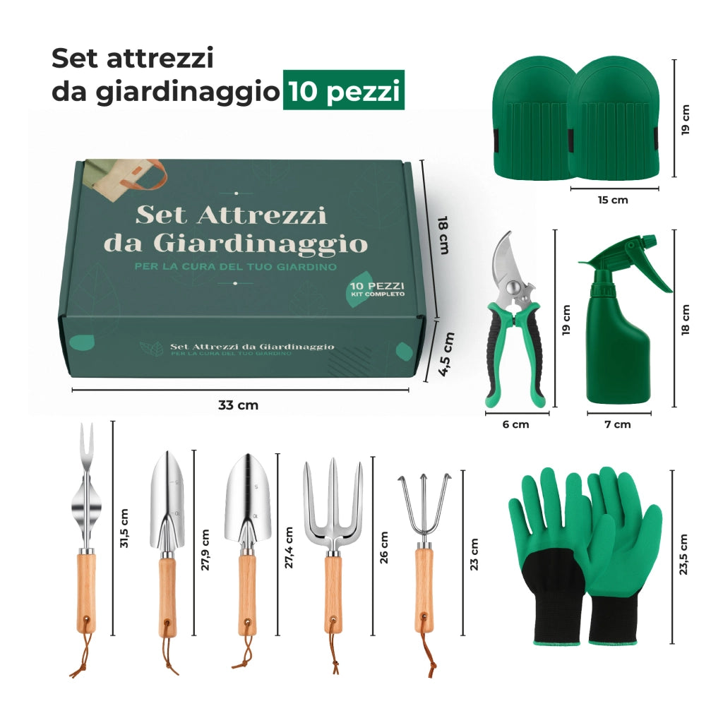 Set Attrezzi da Giardinaggio 10 Pezzi  – Kit Completo con Paletta, Trapiantatore, Forchetta, Rastrello, Forbici da Potatura, Guanti, Spruzzino e Ginocchiere – Attrezzi Giardino con Manico Ergonomico