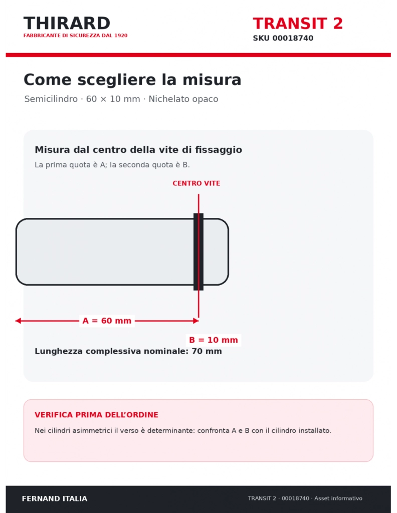Semicilindro Transit 2 60 x 10 mm, nichelato, anti-perforazione, anti-scasso, 5 chiavi – THIRARD