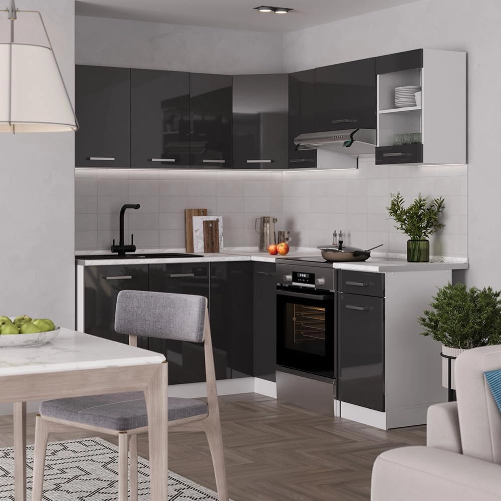 Cucina angolare completa Rick, Antracite lucido/bianco, 190 x 60 cm, PL Marmo, con elementi modulari espandibili per una pianificazione flessibile della cucina