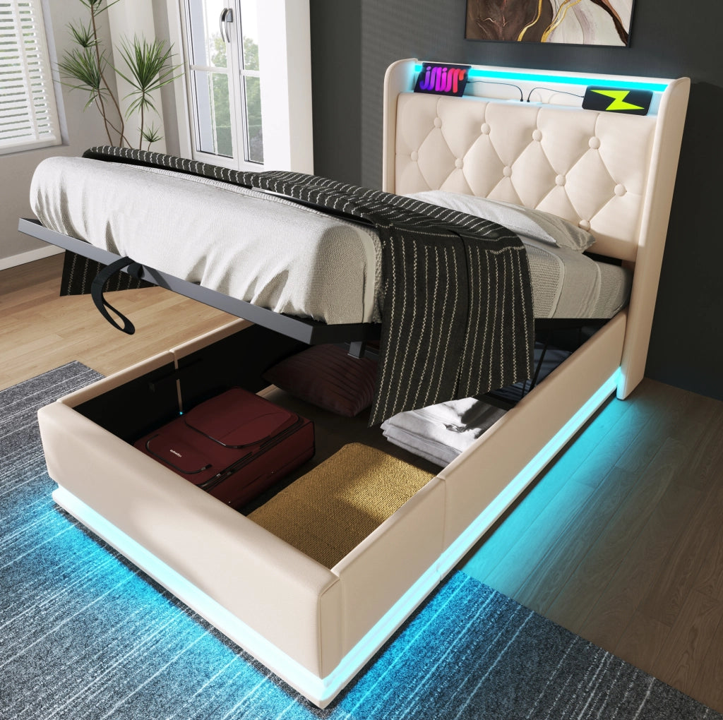 Letto singolo LED con vano contenitore e USB-C 90x200 cm bianco