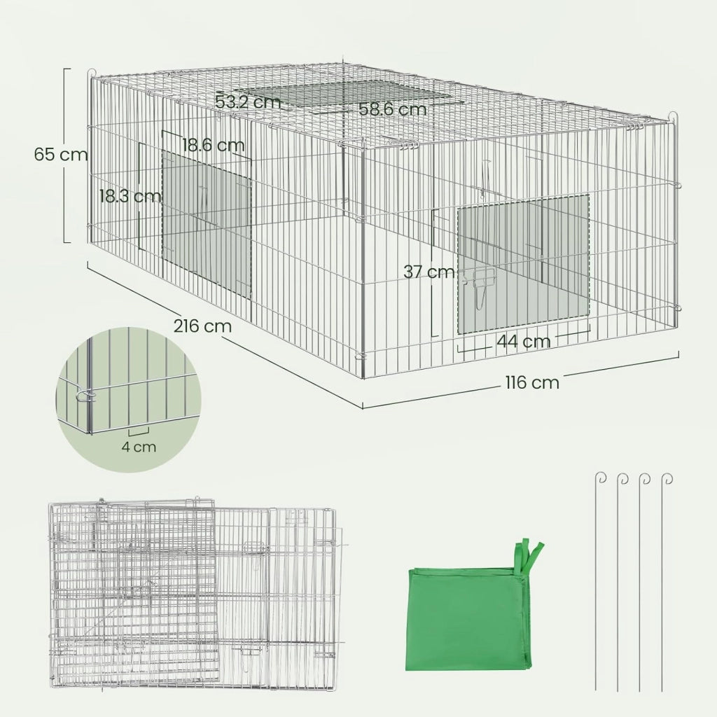 Recinto per Cani da Giardino, Gabbia per Animali Domestici, Conigli, Gatti, Cuccioli, Porte con Chiavistello e Parasole, in Fili Metallici, 216x116x65 cm