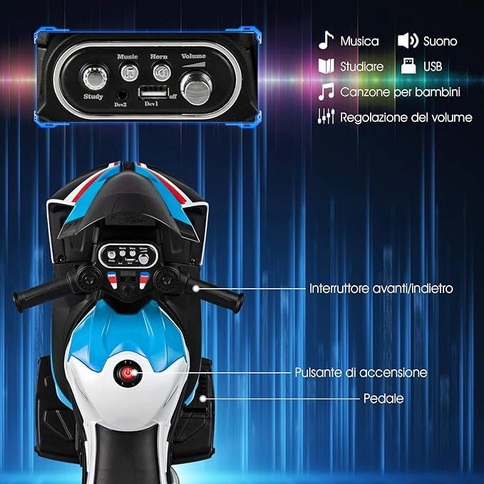 6V BMW Moto Cavalcabile per Bambini, Motocicletta a 3 Ruote con Musica Fari, 3km/h, Moto Elettrica Regalo per Bambini 37 a 96 Mesi (Blu)