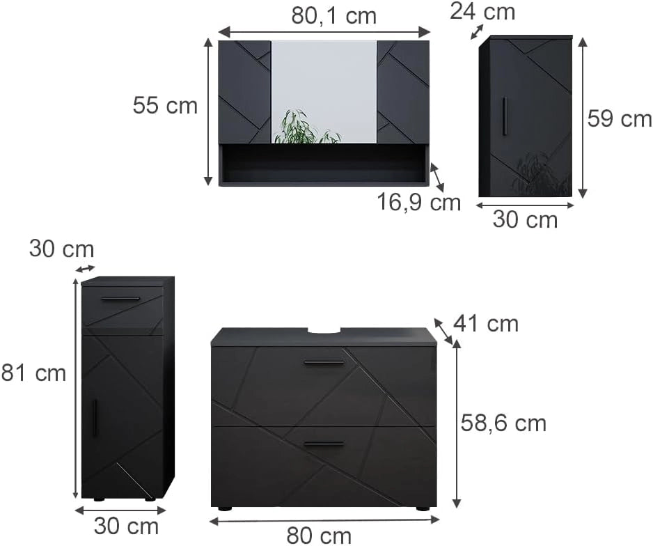Set mobili bagno Irma, Antracite lucido, 80 cm, composto da mobile sottolavabo, specchiera, armadio medio e pensile