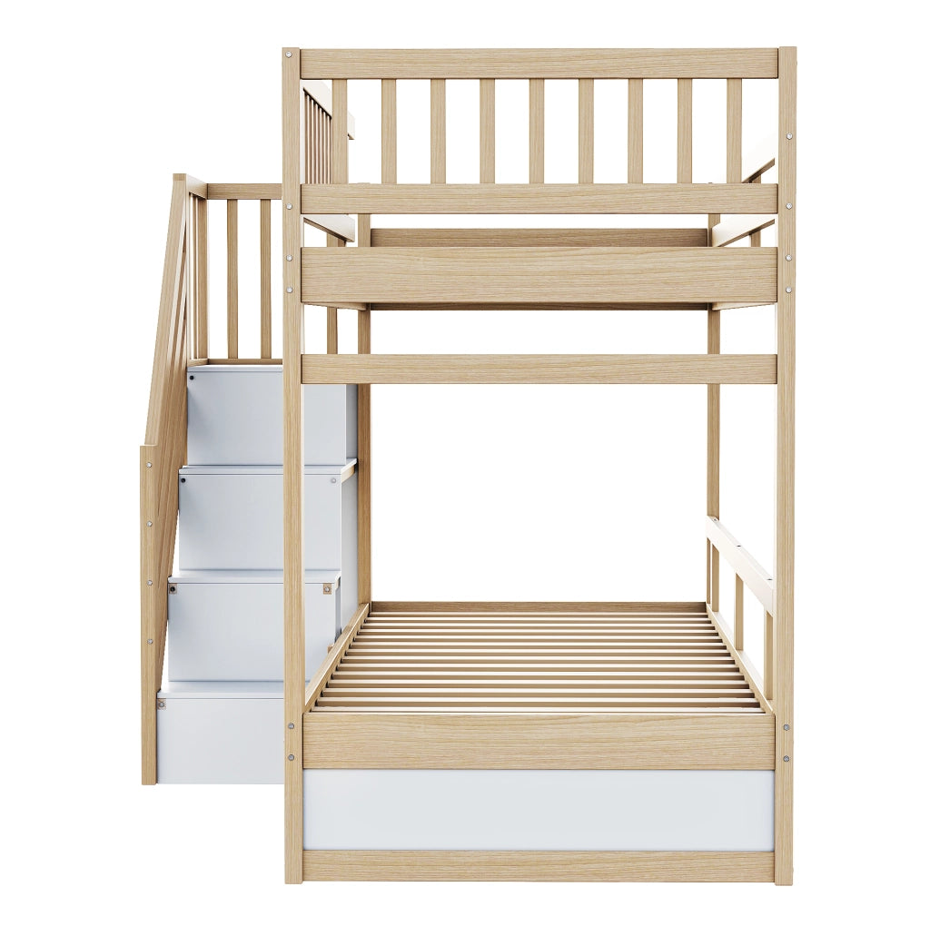 Letto a castello 90x200 cm con scale portaoggetti; cassetti; in legno bianco e colore naturale