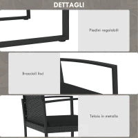 Set da Giardino con 2 Sedie, Divanetto e 2 Tavolini con Cuscini e Piano in Vetro, Nero