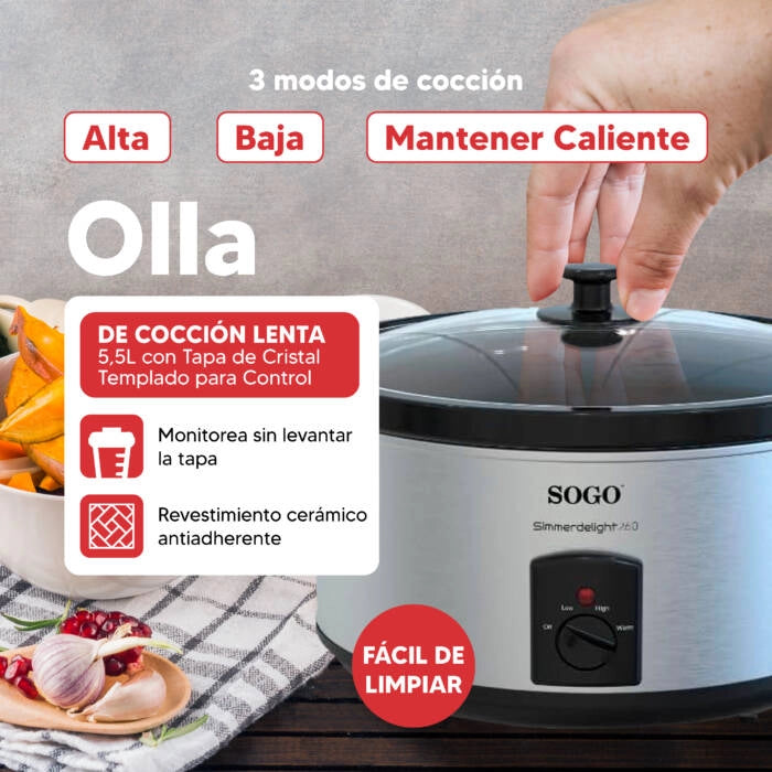 Pentola slow cooker elettrica 5,5L 260W con recipiente in ceramica e 3 programmi, per cottura lenta 7-8 persone - Sogo