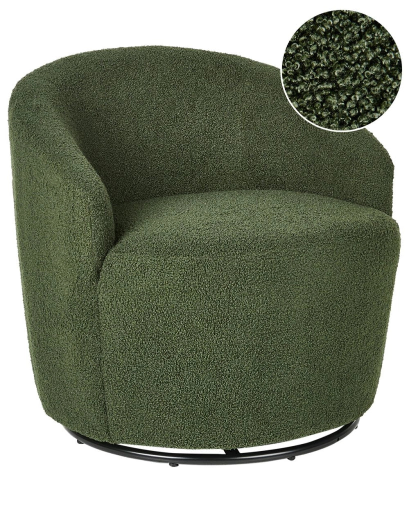 Poltrona con schienale curvo in tessuto bouclé verde base girevole 360° Art Deco dorato