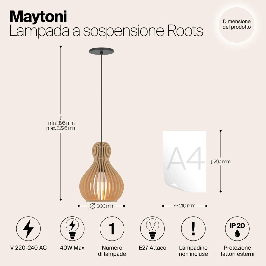 Maytoni Lampadario moderno Roots 1 luce E27 nero metallo legno