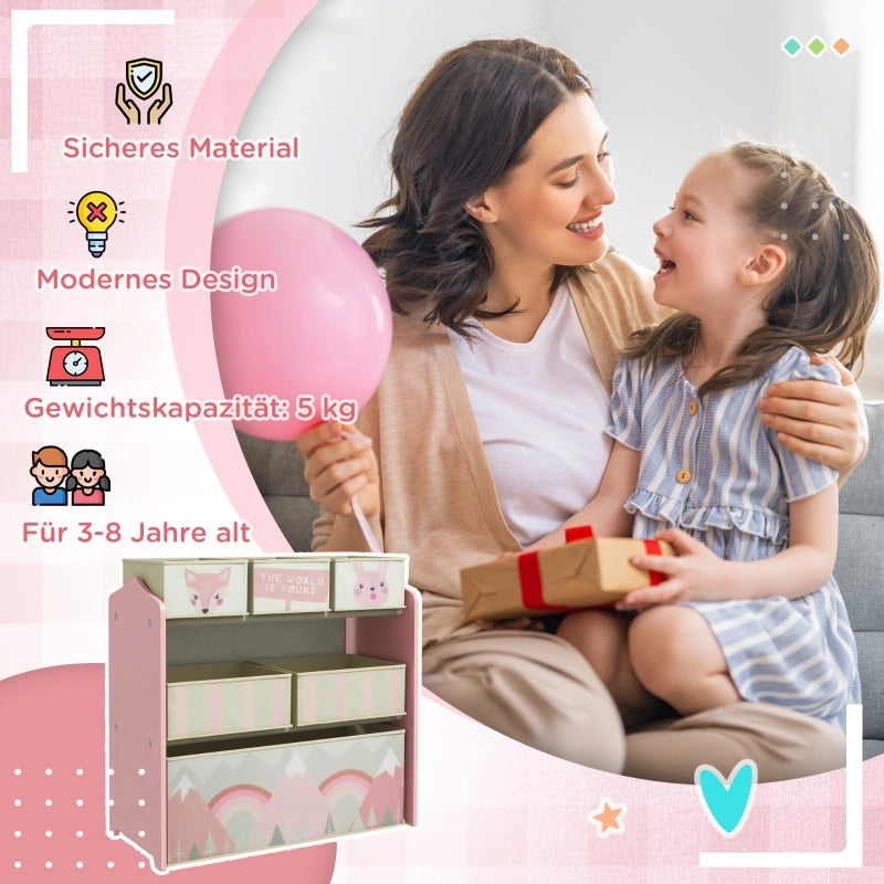 Armadio per bambini con 6 scatole in tessuto, design grazioso, 63x30x66 cm, rosa