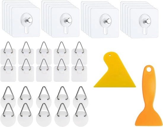 40 Haken Self Adesse per Spiedini Translucidi - Applicazione senza Foratura - Kit di Applicazione per Pareti