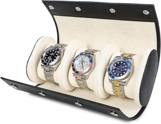 Cassa orologio in pelle reale - manufattura artigianale - pelle saffiano - per viaggi - cassa portatile - cuscini rimovibili - design Snag - montaggio a grappolo - nero