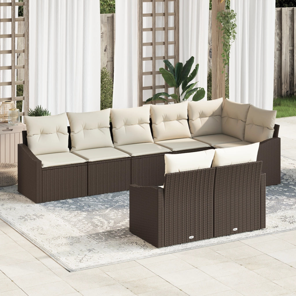 Set da Pranzo da Giardino 8 Pezzi con Cuscini Marrone Polirattan