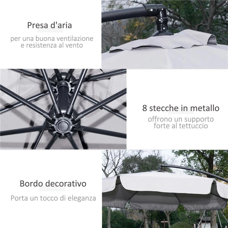 OMBRELLONE DA GIARDINO A BRACCIO CON APERTURA A MANOVELLA IN METALLO E POLIESTERE Ø 2.7X2.7 M GRIGIO CHIARO