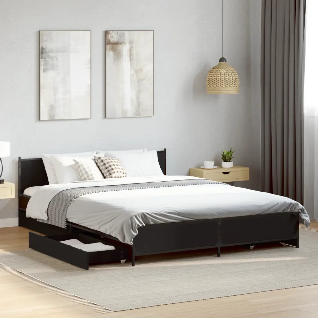 Letto matrimoniale | Letto per adulti | Giroletto con Cassetti Nero 135x190 cm in Legno Multistrato