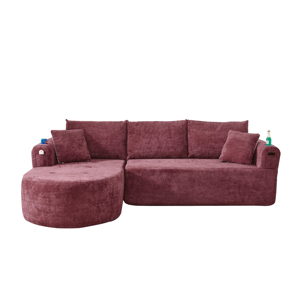 Divano angolare a L modulare con portabicchieri e tasche laterali in tessuto Rosso bordeaux