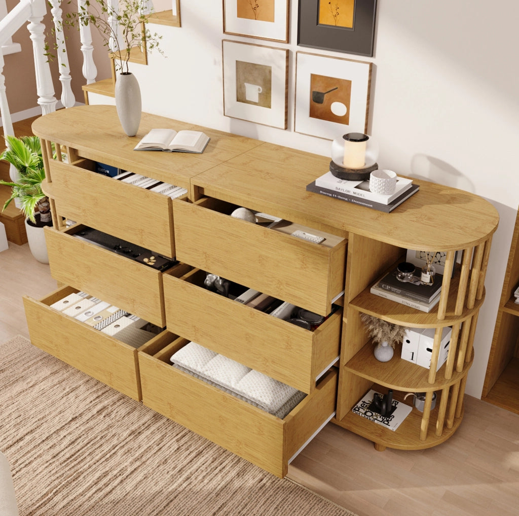 Comò Sideboard 160 cm in MDF e bambù; 6 cassetti; colore Rovere