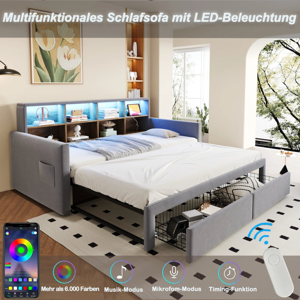Letto Estraibile 90 x 190 cm e 180 x 190 cm; 2 Posti con 2 Cassetti; LED; USB e Type-C; senza Materasso