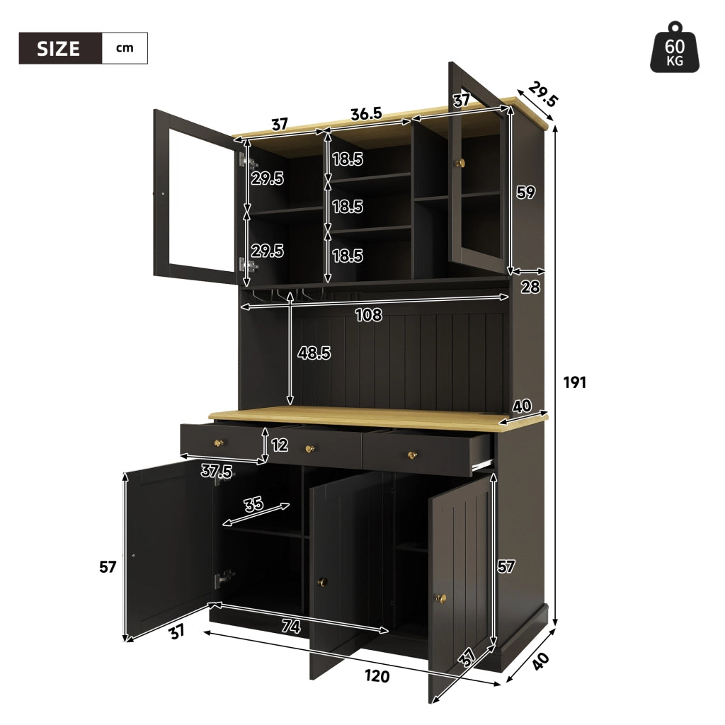 Credenza Alta da Cucina con 4 Ante; 1 Cassetto; Ripiani Regolabili; Prese e USB; in MDF; 120 x 40 x 191 cm; Nero