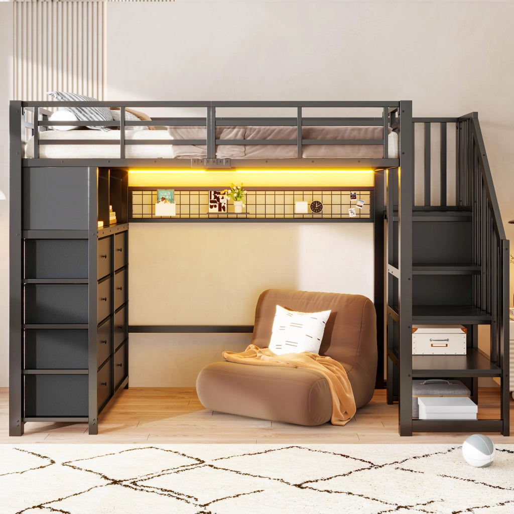 Letto a soppalco 90x200 cm con 8 cassetti e LED in MDF e metallo nero