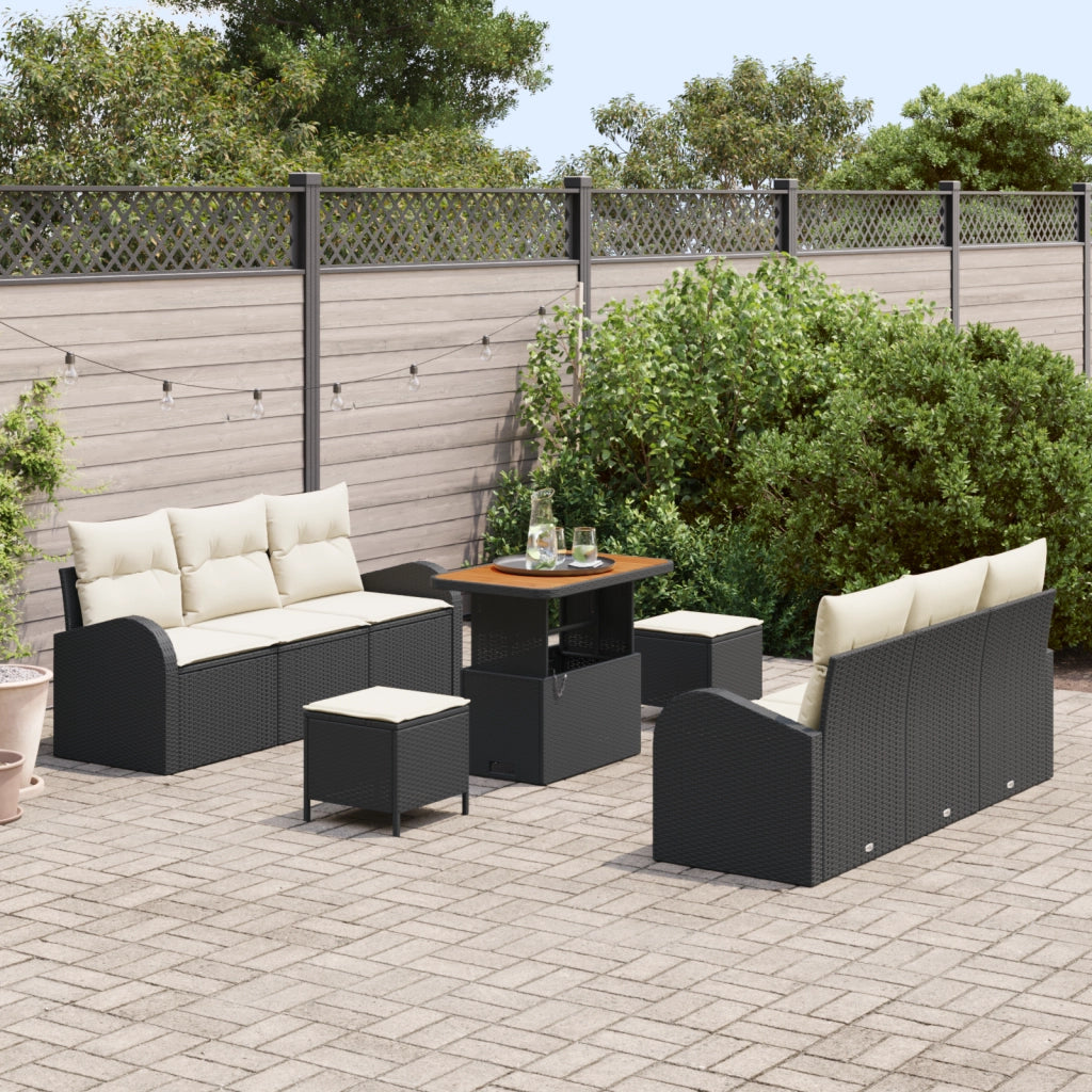 Set Divano da Giardino 9 Pezzi con Cuscini Nero Polyrattan Acacia