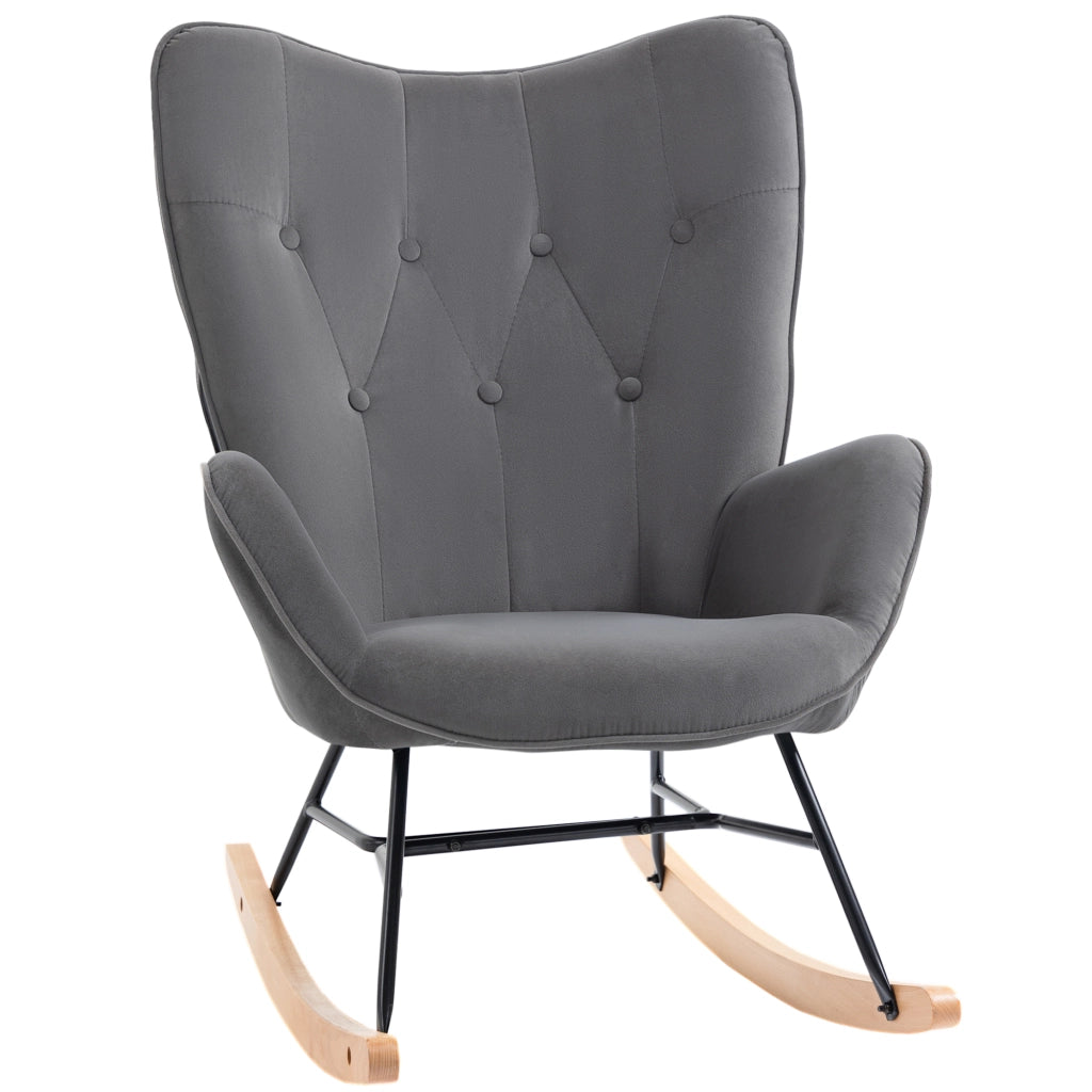 Poltrona a Dondolo con Steppatura e Gambe in Legno ¨C zephmum ¨C Velluto Grigio Scuro