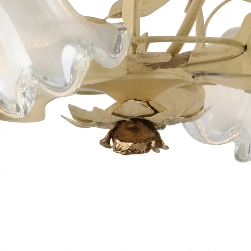 Lampadario Arte Povera Cesto Metallo Avorio E Oro 8 Luci E14
