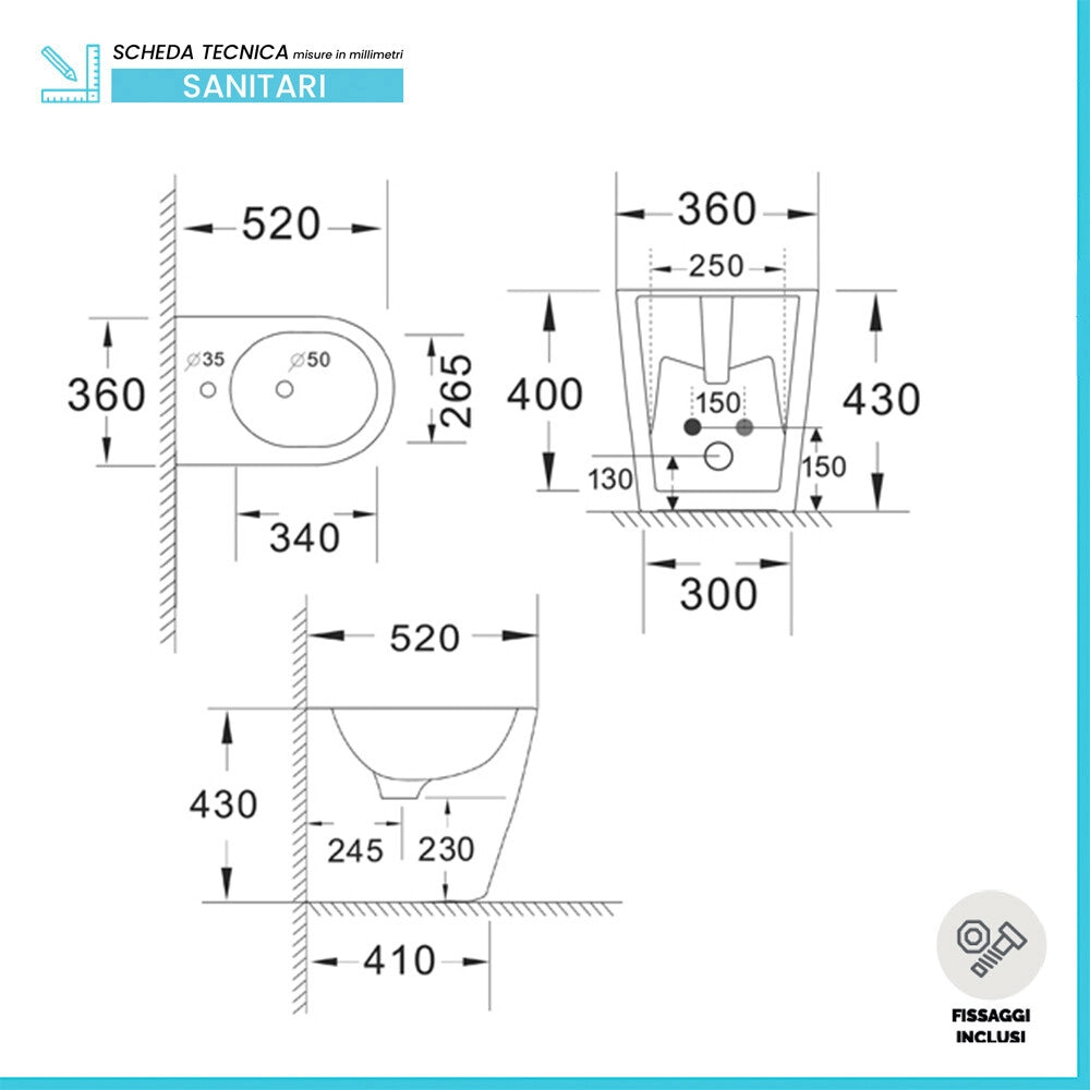 Set sanitari in ceramica bianco lucido filomuro rimless con copriwc Kyoto