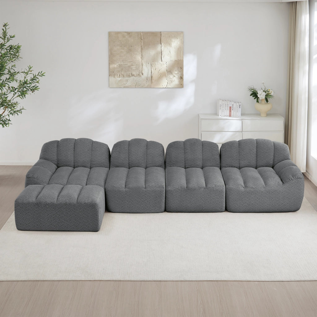 Divano modulare con ottomano e seduta ampia in pile granulato grigio per soggiorno e relax 366 × 165 × 79 cm