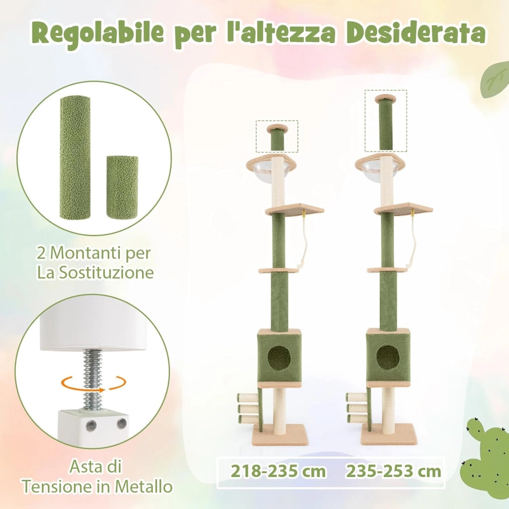 Tiragraffi per Gatti con Altezza Regolabile 218-253cm, Torre per Animali Domestici con 5 Livelli, Cordino, Pali in Sisal e Scala, Albero per Gatti, Verde