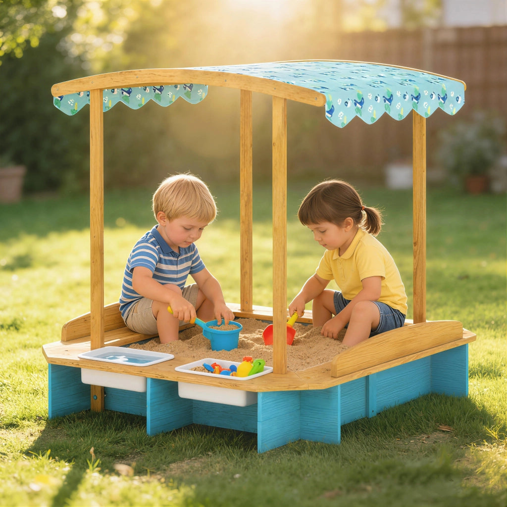 Arenero per Bambini in Legno con Tetto 3 Panchine 2 Contenitori in PP ¨C zephmum ¨C 128x118x121 cm Blu