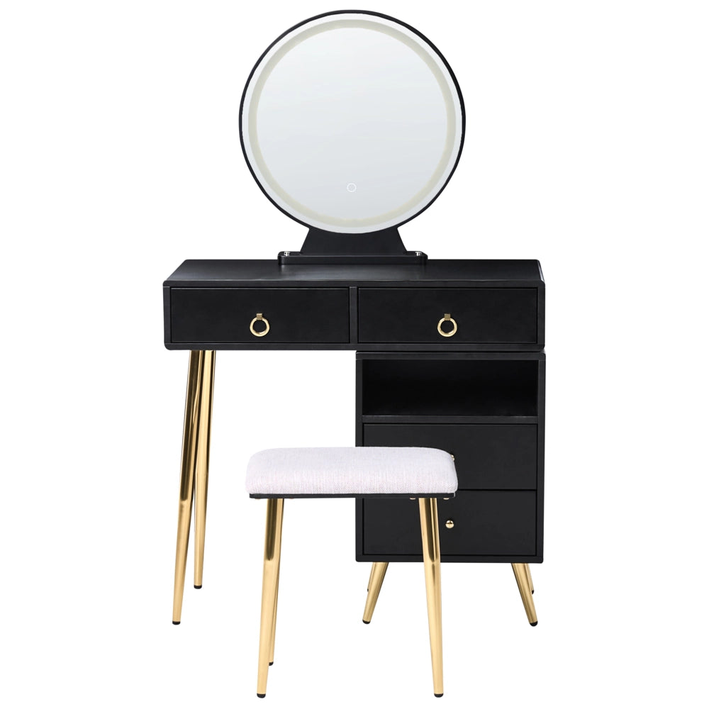 Toeletta con 6 cassetti specchio LED nero e oro e sgabello camera da letto elegante