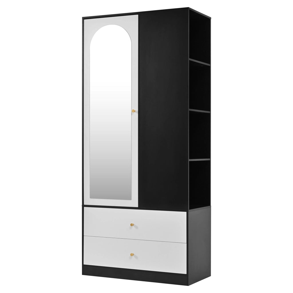 Armadio moderno con specchio, 1 anta, 2 cassetti e 4 ripiani, 80x40x180 cm, Bianco/Nero