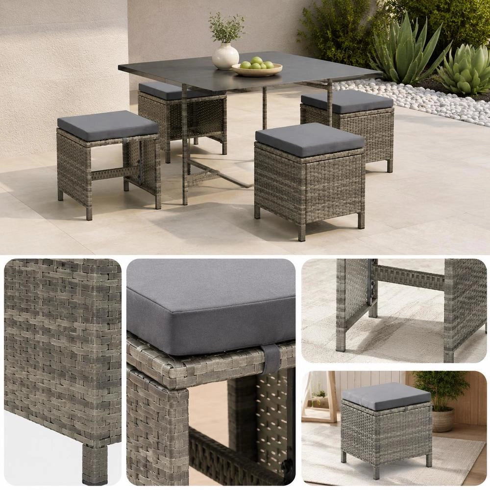 Garden Stools, Set Of 4, With Seat Cushions, Poly Rattan, Grey