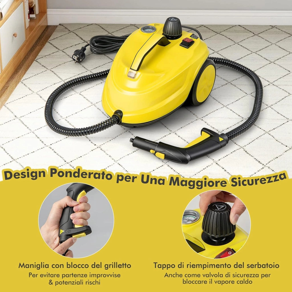 2000W Pulitore a Vapore, Macchina per Pulizia Rotante con 13 Accessori, Capacità d'Acqua di 1,8L, Macchina a Vapore Multiuso per Tappeti Finestre Vetri e Tende (Giallo)